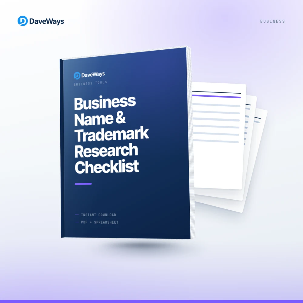 Business Name & Trademark Research Checklist cover, DaveWays