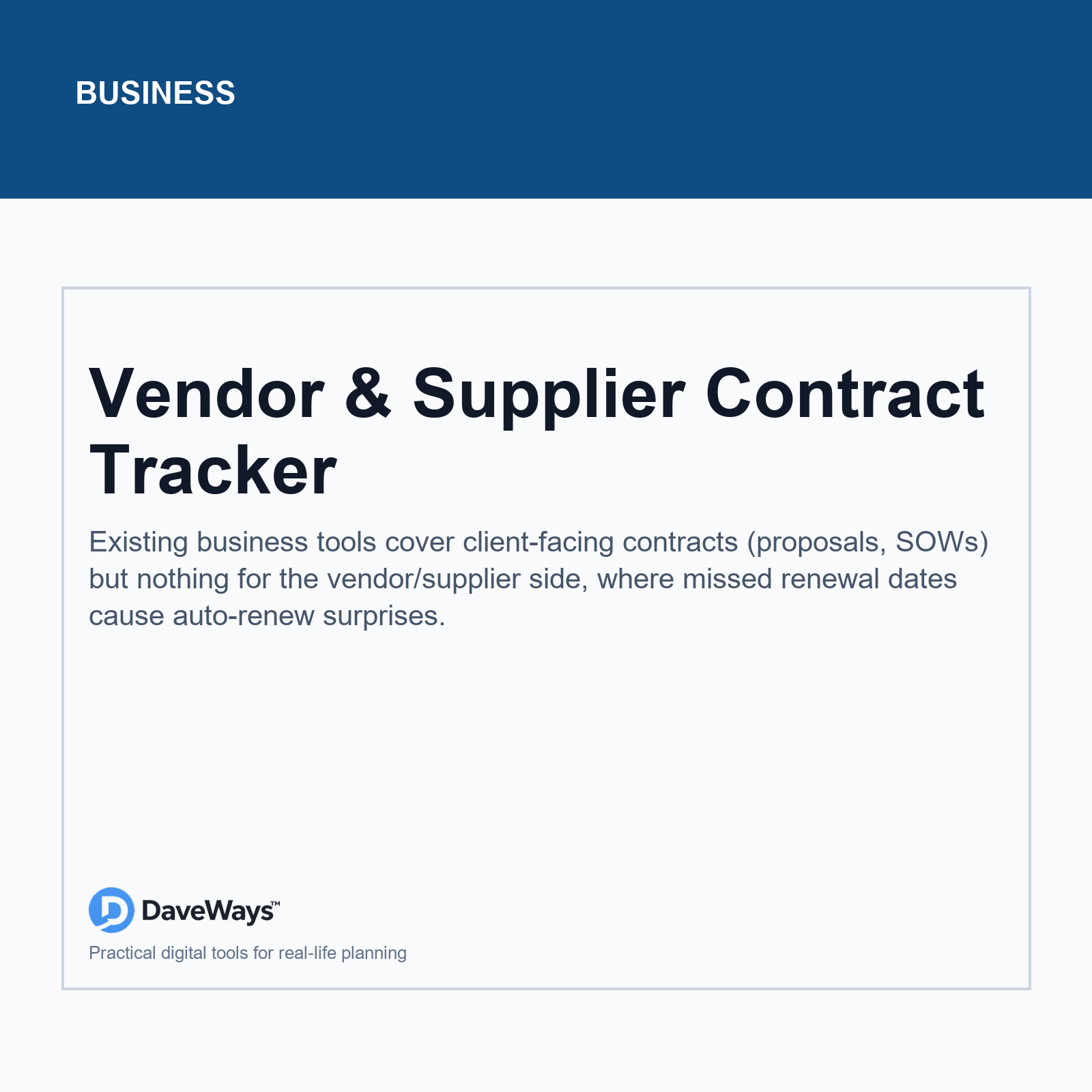 Vendor & Supplier Contract Tracker cover, DaveWays