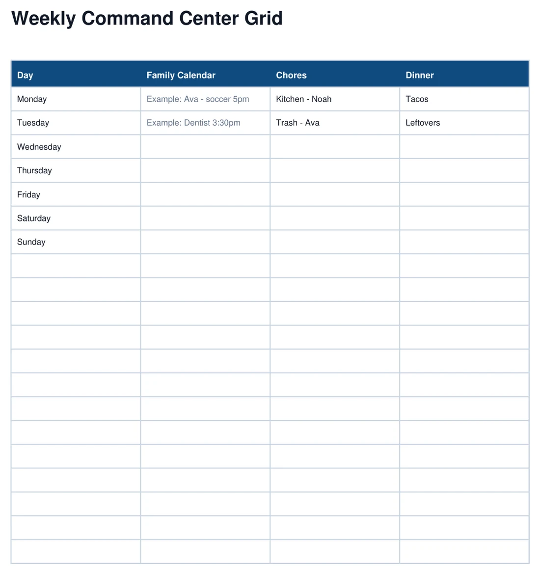 Family Command Center Planner real page preview with example entries filled in