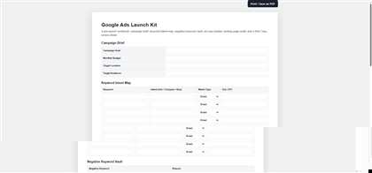 Real screenshot of the Google Ads Launch Kit workbook showing the Campaign Brief and Keyword Intent Map fields