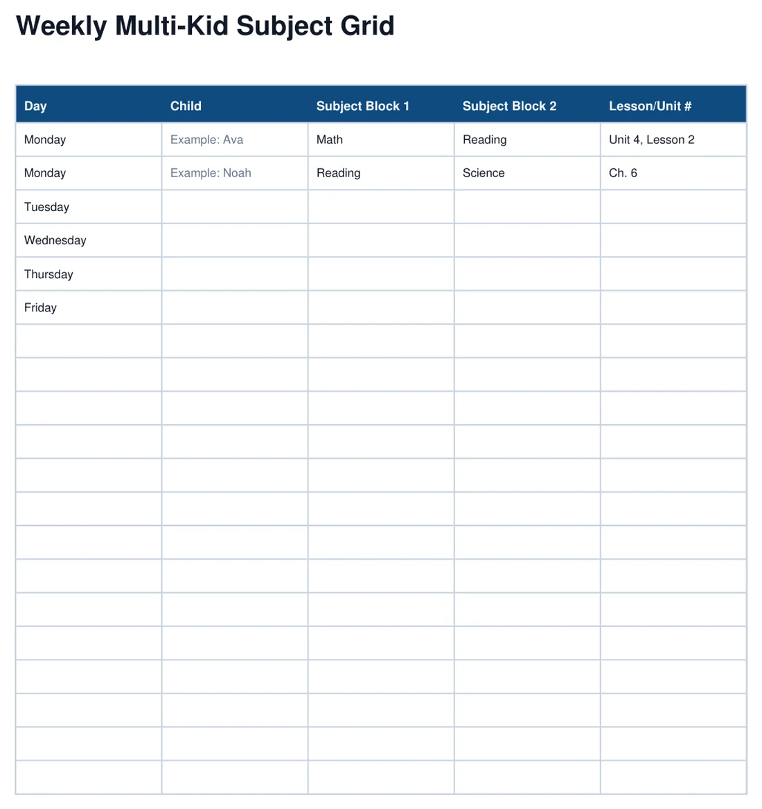 Homeschool Weekly Planner real page preview with example entries filled in