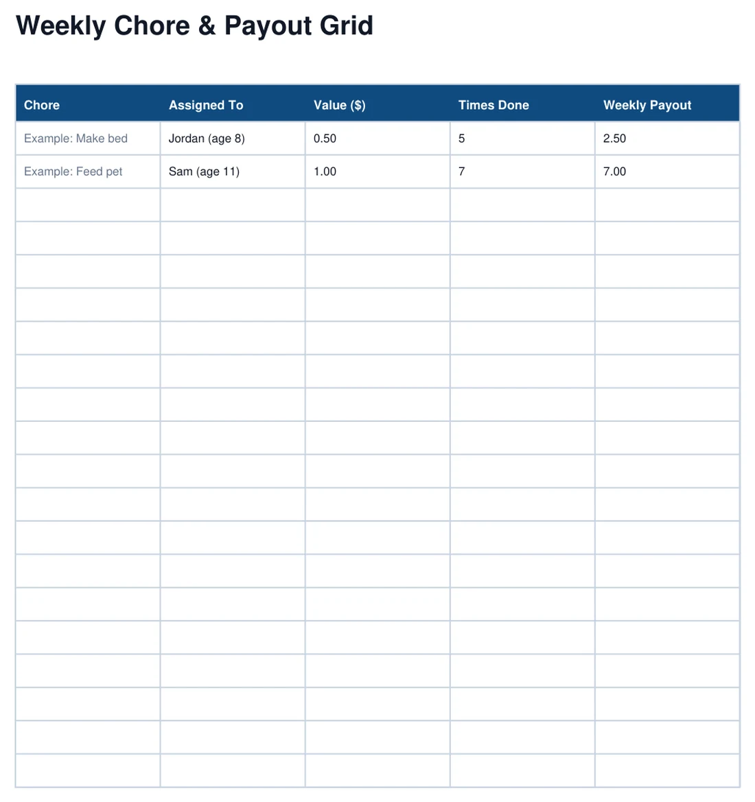 Kids' Chore Chart & Allowance System real page preview with example entries filled in