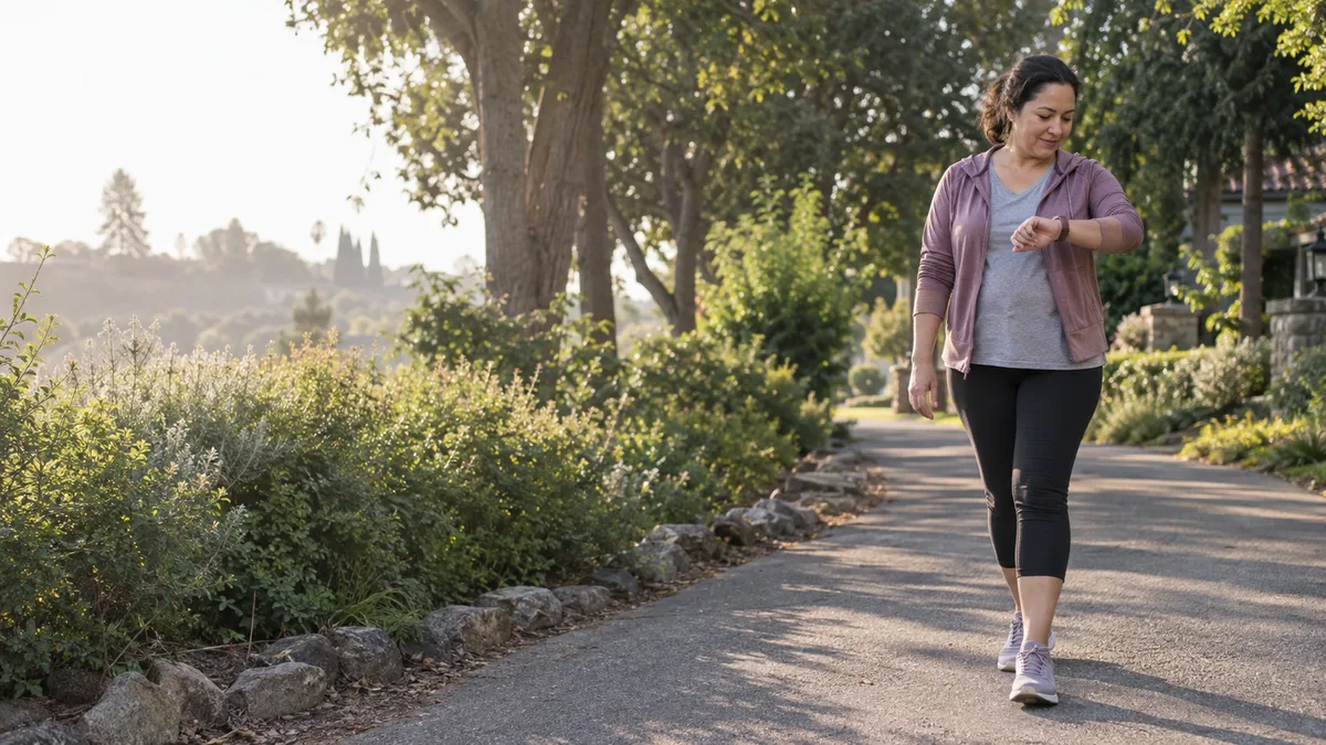 Woman walking briskly on a tree-lined path while checking her watch