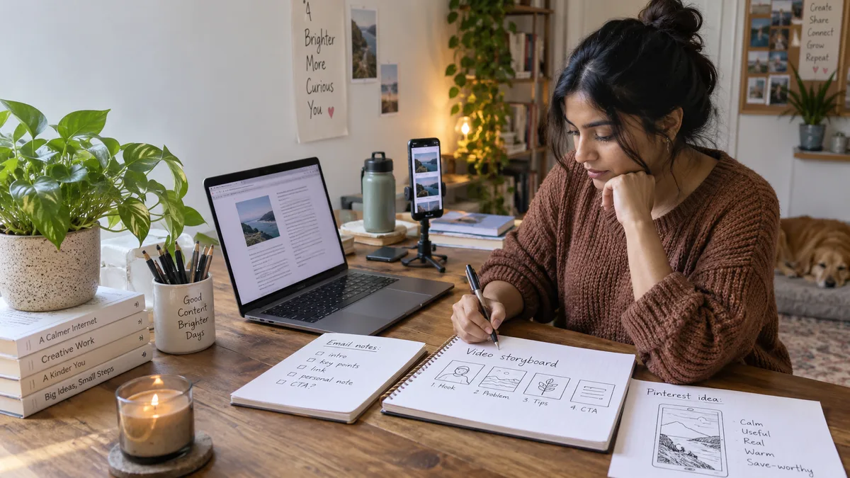 Content creator planning a week of social posts on a whiteboard
