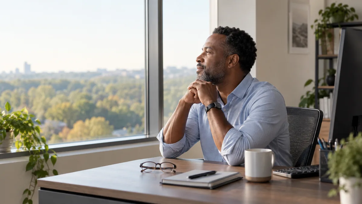 Desk worker looking away from a laptop screen toward a window during a break