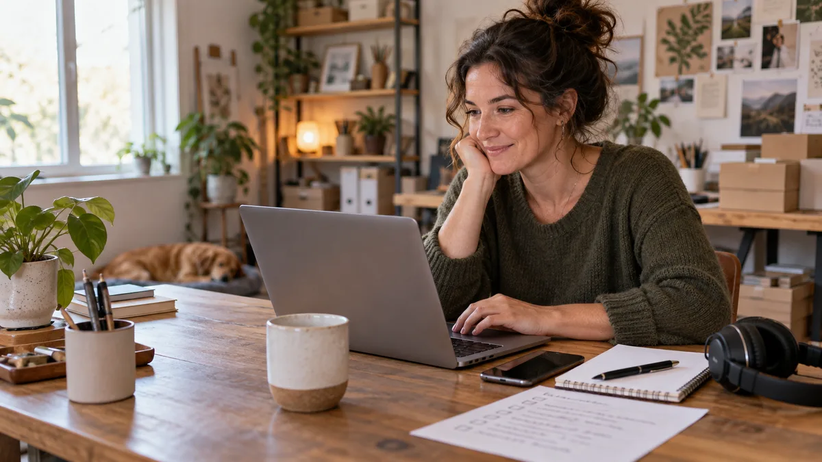 Small business owner responding to customer messages at a desk