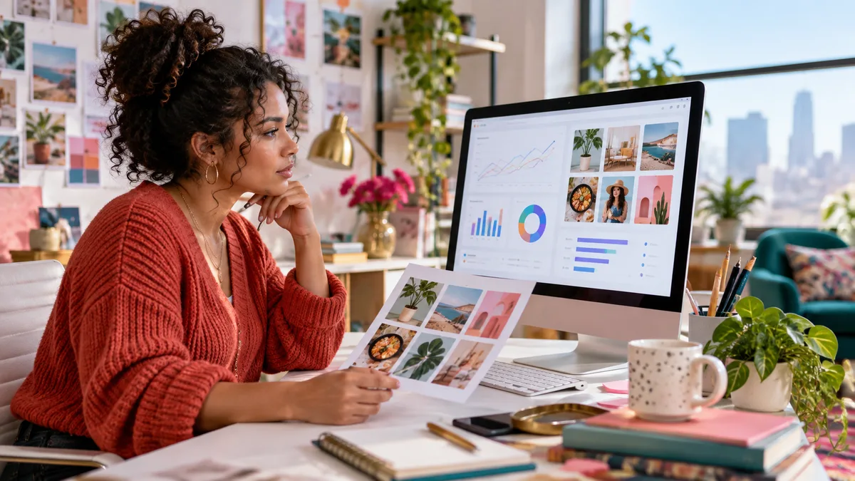 Person reviewing Pinterest analytics charts on a laptop screen
