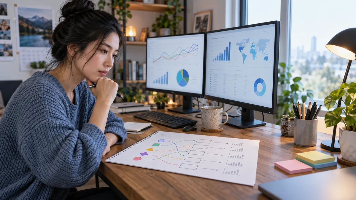 Marketer reviewing a laptop dashboard showing campaign traffic sources