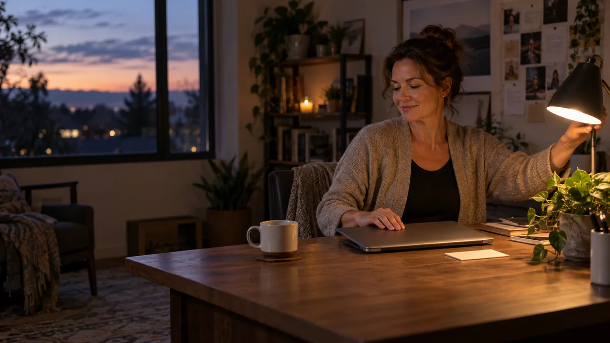 Solo business owner closing a laptop at the end of the workday