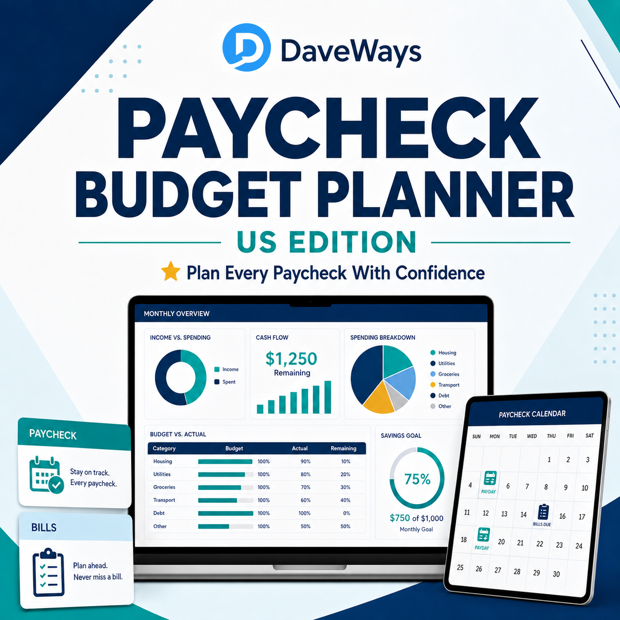 Paycheck Budget Planner US Edition digital spreadsheet toolkit by DaveWays