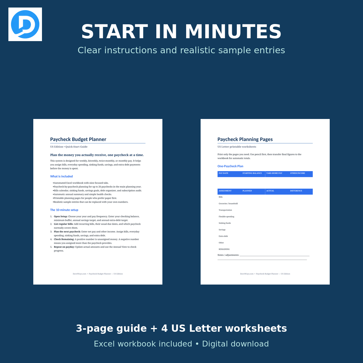 Paycheck planner quick-start guide and US Letter printable worksheet previews