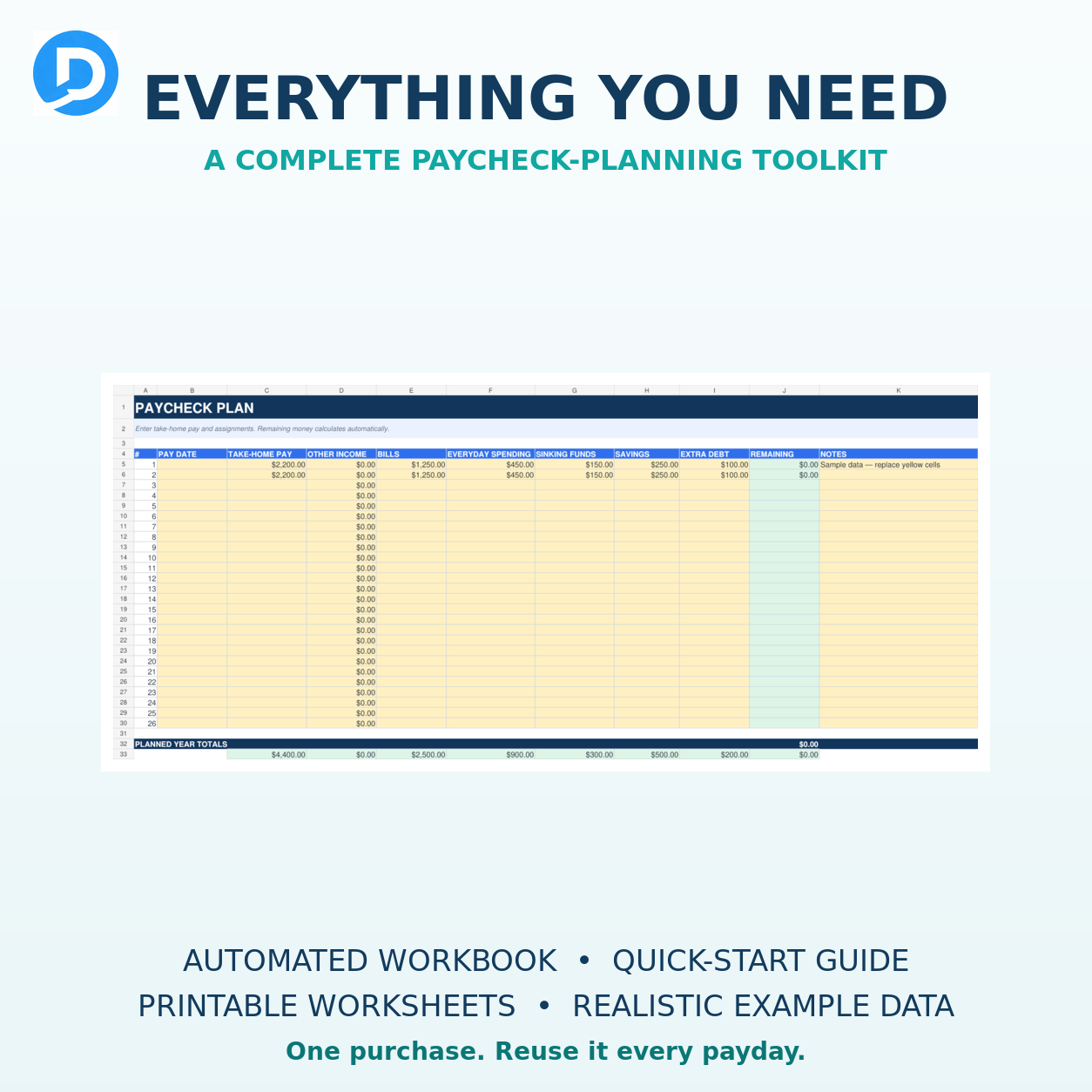 Automated paycheck workbook, quick-start guide, printable worksheets and sample data included