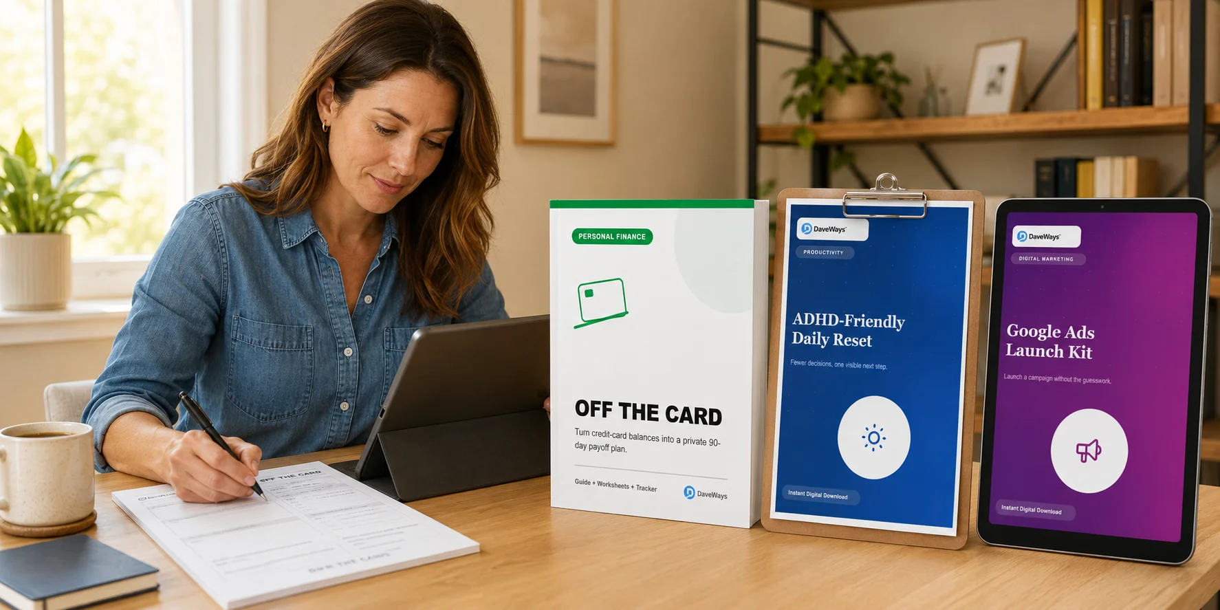OFF THE CARD, ADHD-Friendly Daily Reset, and Google Ads Launch Kit shown in real use on a desk