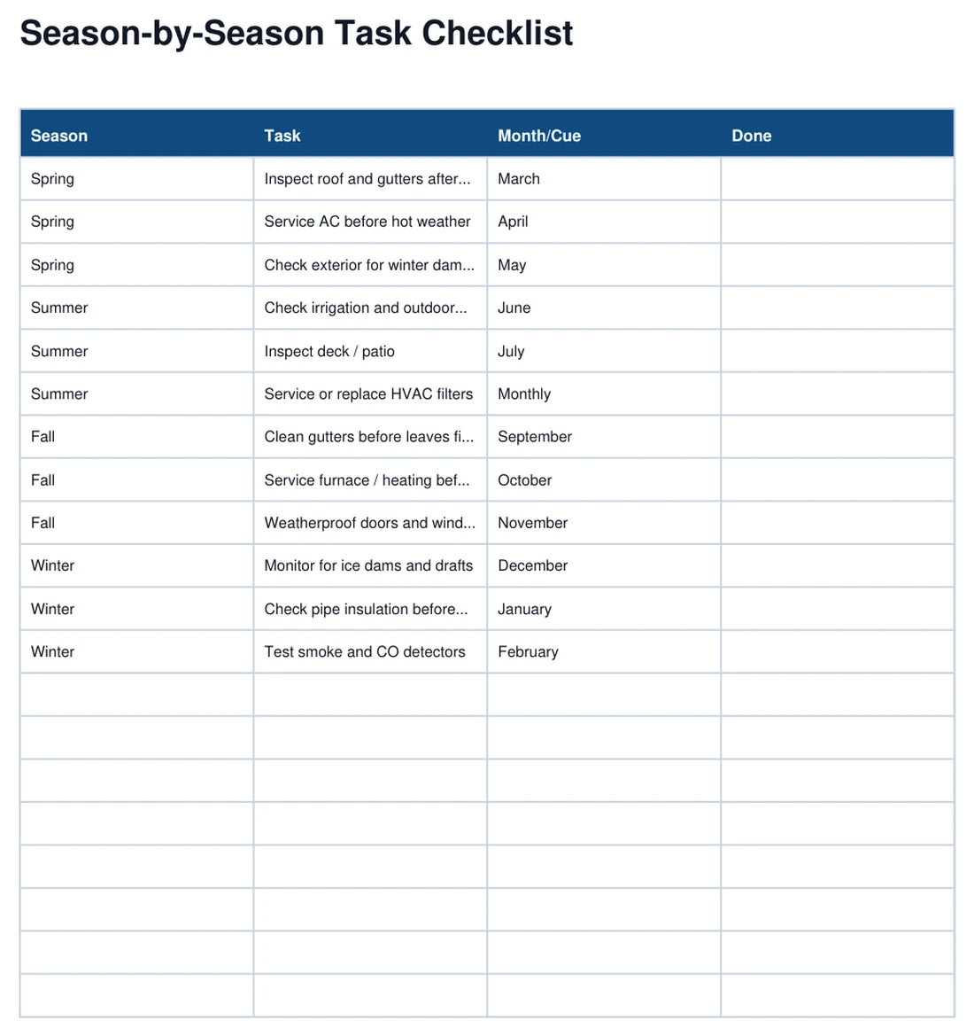 Seasonal Home Maintenance Checklist real page preview with example entries filled in