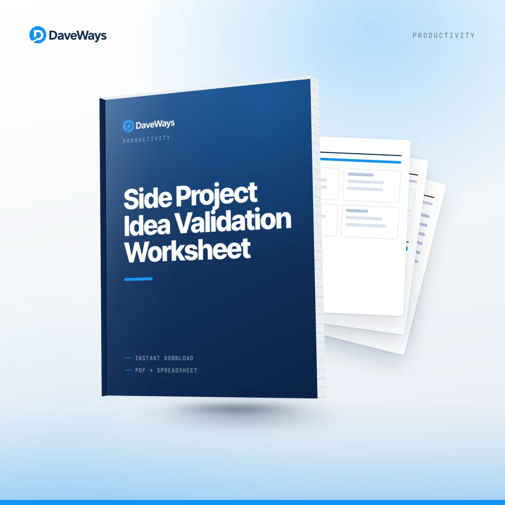 Side Project Idea Validation Worksheet cover, DaveWays