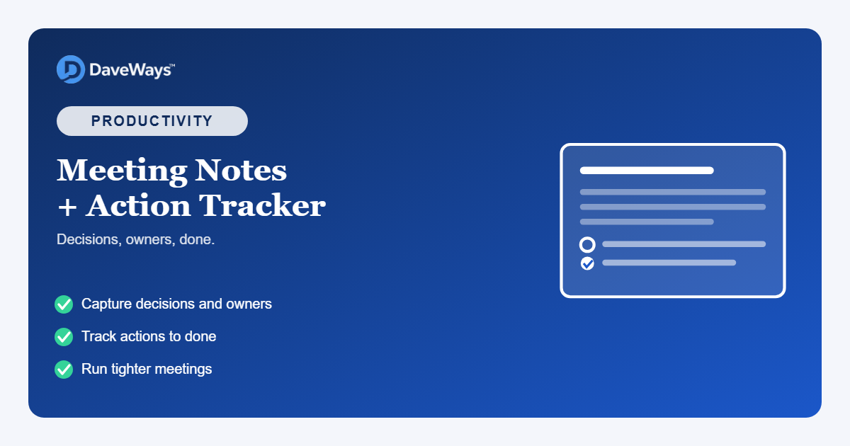 Meeting Notes + Action Tracker product screenshot and cover preview